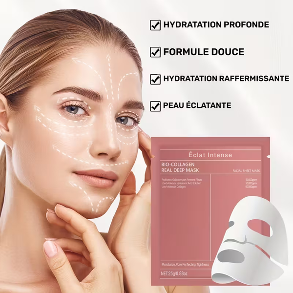  Visuel des bienfaits du masque collagène Éclat Intense : hydratation profonde, formule douce, raffermissant et peau éclatante.