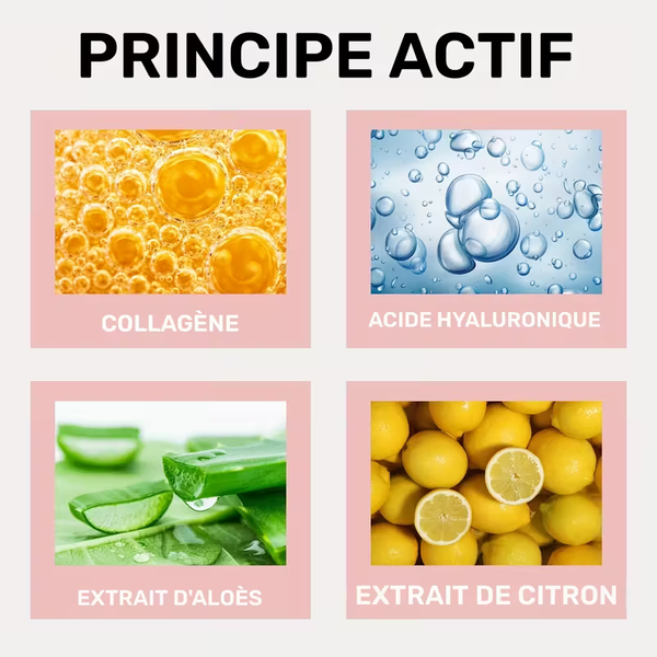 Ingrédients actifs naturels du masque visage : Collagène, Acide Hyaluronique, Extrait d'aloès et Extrait de citron.