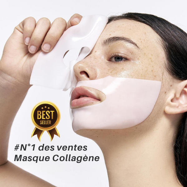 Femme appliquant un masque au collagène N°1 des ventes pour un soin visage hydratant et anti-âge.