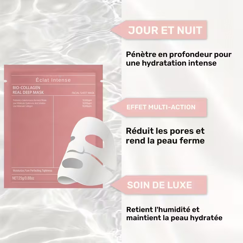 Présentation du masque collagène comme un soin de luxe multi-action pour une utilisation jour et nuit, assurant une hydratation intense.