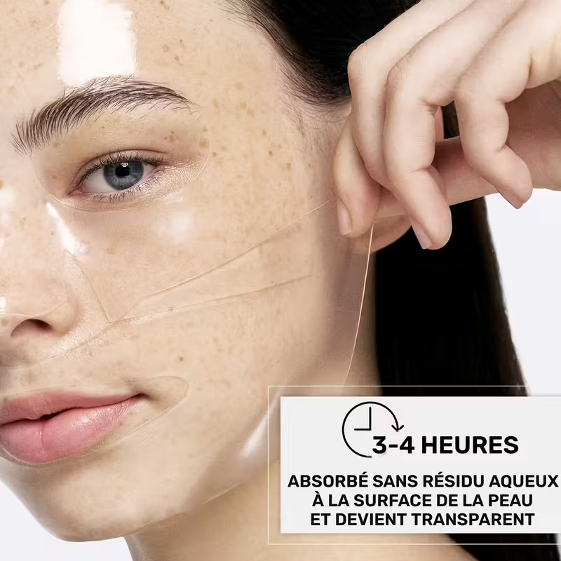 Démonstration de l'efficacité du masque qui devient transparent après 3-4 heures, prouvant son absorption complète sans résidu.